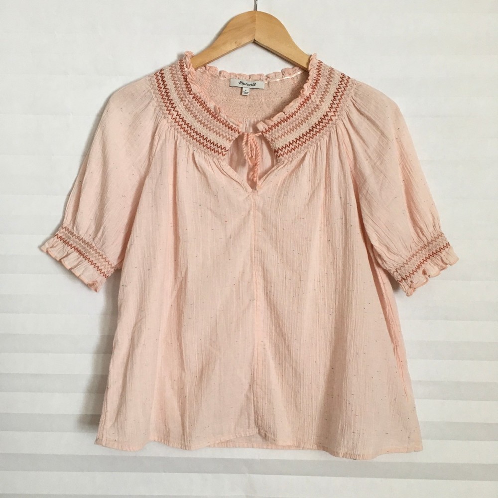 Madewell Womens Blouse Top‎ Size S Cotton Blend Embroidered Collar Tie Neck